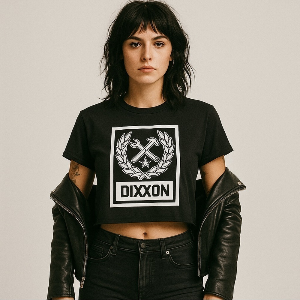 Dixxon Flannel Co Cropped Baby Tee T-Shirt Large Laurel Wrench Crest Black